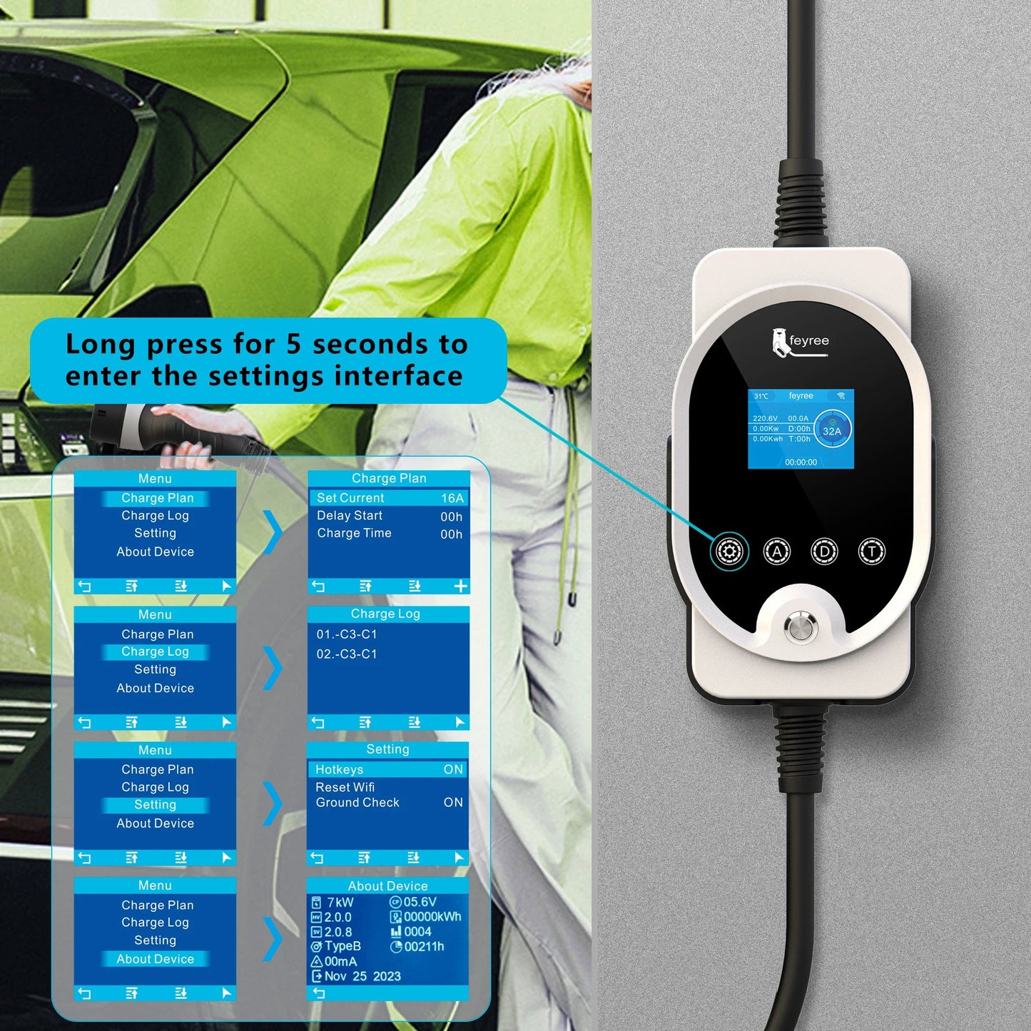 feyree Type2 EV Charger EVSE Wallbox 22KW 11KW 3P Smart APP Wi-Fi Control  7KW 32A 1P Setting Current & Charging Time for EV Car