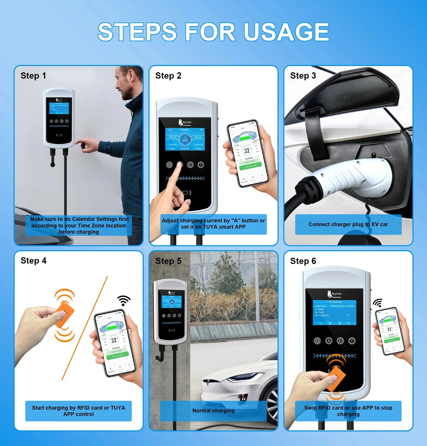 feyree Type2 EV Charger 32A 7.6KW Charging Station Car Charger 11KW 22KW 3Phase EVSE Wallbox 4.3inch Screen Smart APP Control