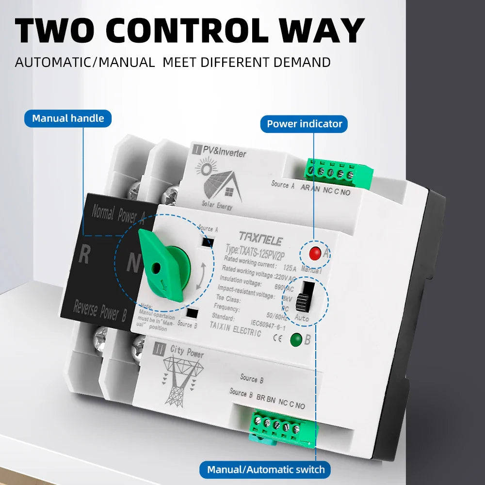 Dual Power Automatic Transfer Selector Switches Uninterrupted 63/ 100/ 125A photovoltaics solar by 54Grid - Renewable Energy Store