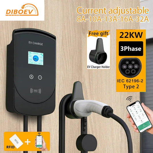 DIBO EV Charging Station 32A Electric Vehicle Car Charger EVSE Wallbox Wallmount 7.6/11/22KW Type 2 Cable IEC62196 APP Control - 54Grid - Renewable Energy Store