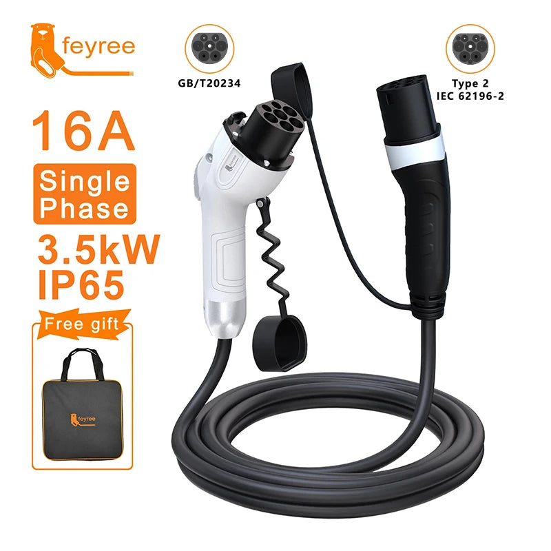 feyree EV Charging Cable Type2 Male Plug to GB/T Socket Car side 16A 3.5kW 32A 7kW 1Phase 11kW 22kW 3Phase for Electric Vehicle