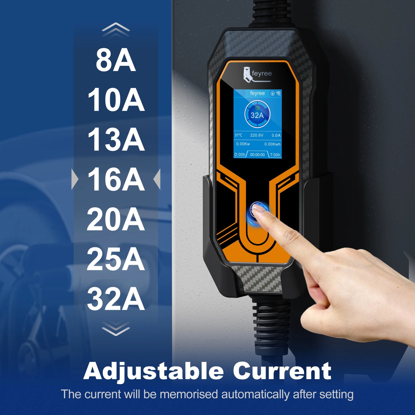 feyree Portable EV Charger Wallbox Tesla 7KW 32A 1Phase Level 2 with 5m Cable Current Adjustable for all Tesla Models 3/Y/S/X