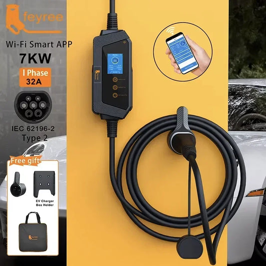 feyree Portable EV charger Type2 32A 7KW Fast Charging for Electric Vehicle APP Wi-Fi Control by Setting Current & Charging time by 54Grid - Renewable Energy Store