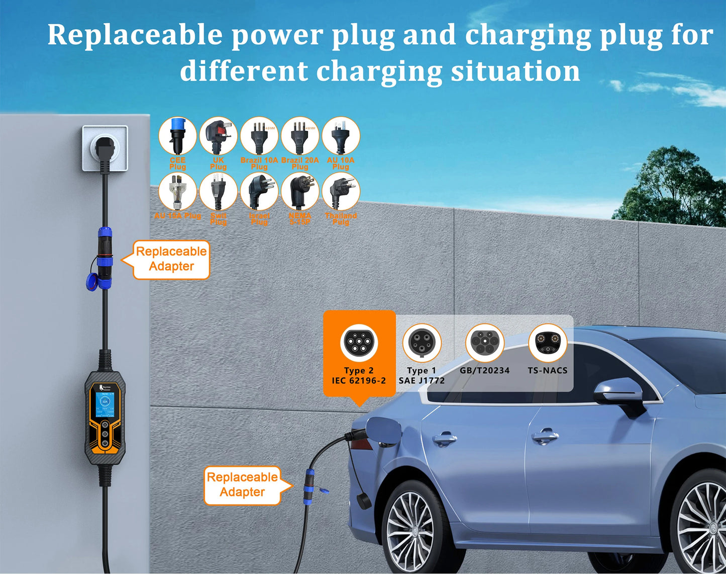 feyree Portable EV Charger 32A 7kW 1P APP WIFI Control Replaceable Charging Plug Smart Multifuction EV Charger for Electric Cars