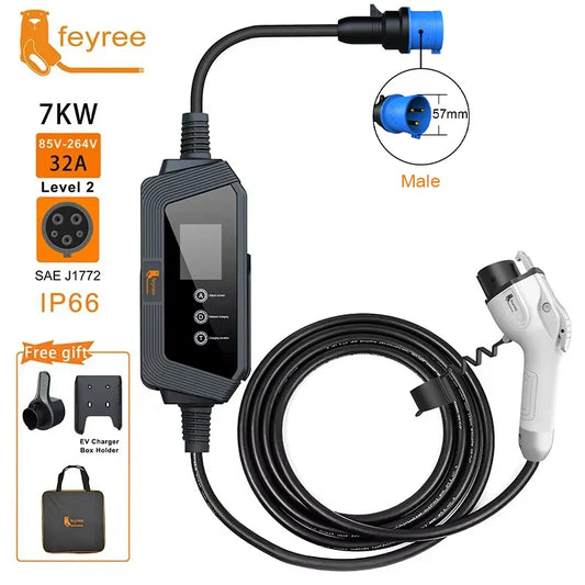 feyree Type1 7KW 32A EV Charger 1Phase with j1772 Cord Current Adjustable Portable Charging Box Holder for Electric Car Charger by 54Grid - Renewable Energy Store