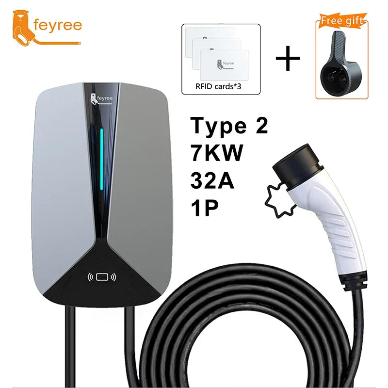 feyree Type2 32A 7.6KW 1Phase EV Charger  EVSE Wallbox RFID Cards Version 5m Cable Charging Station for Electric Vehicle Car