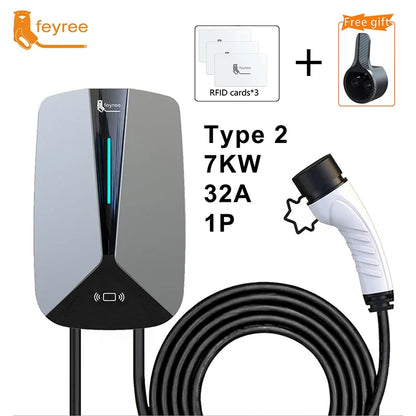 feyree Type2 32A 7.6KW 1Phase EV Charger  EVSE Wallbox RFID Cards Version 5m Cable Charging Station for Electric Vehicle Car