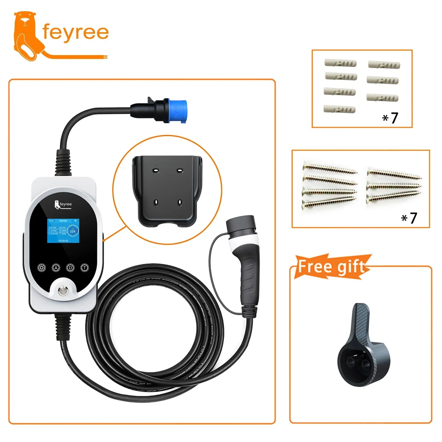 feyree EVSE Wallbox Type2 EV Charger 7KW 32A 1P Fast Charging APP Wi-Fi Control Setting Current & Charging Time for Electric Car