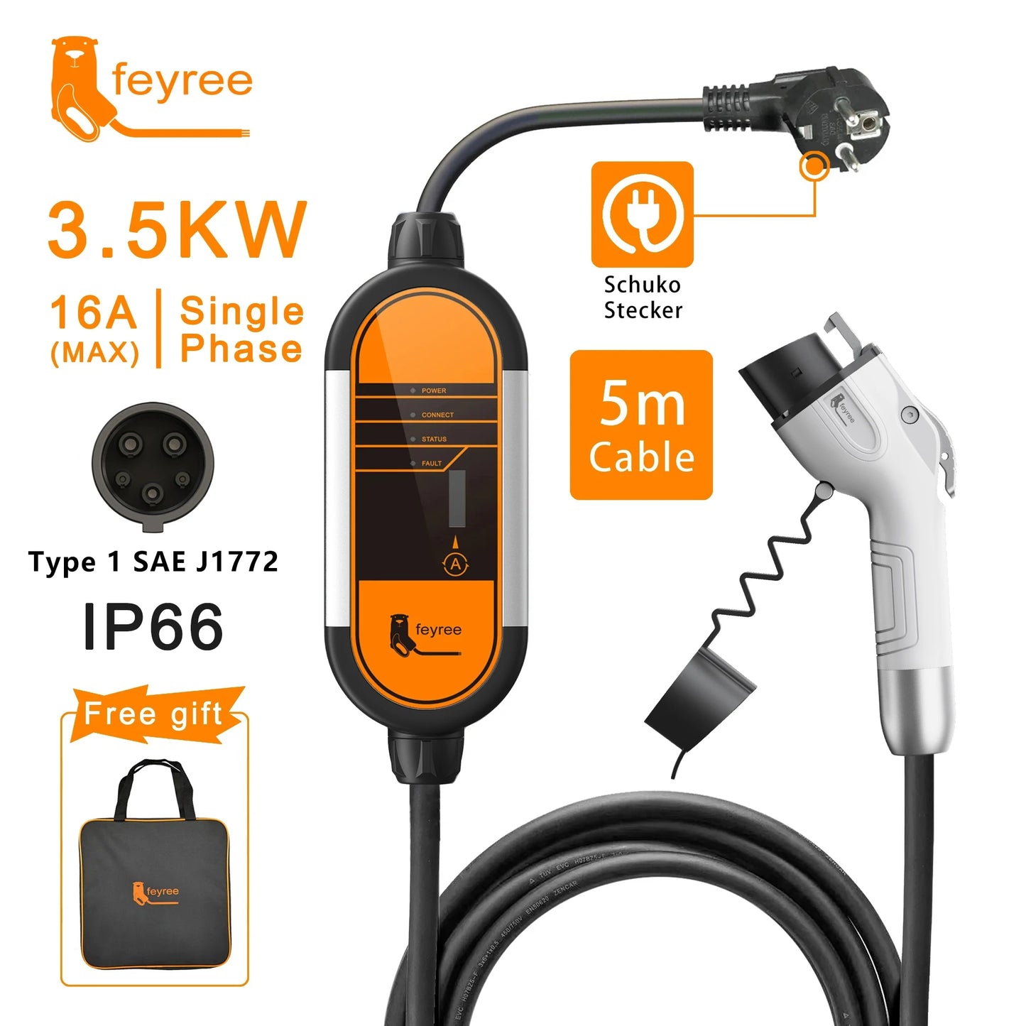 feyree Type2 16A 3.5KW Portable EV Charger EVSE Charging Cable 5m with Schuko Plug Current Adjustable for Electric Car Charger