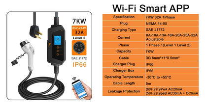 feyree Type1 50A 40A 32A 1Phase Portable EV Charger J1772 Socket Fast Charging Smart APP WIFI Control Version for Electric Car