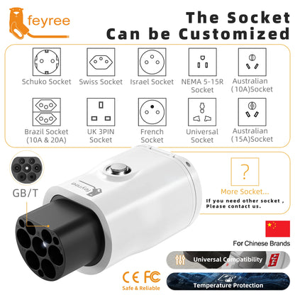 feyree GB/T EV Discharge Adapter with Temp Protection & Power Light - Adjustable Switch for Chinese EV Cars V2L for Camping Use