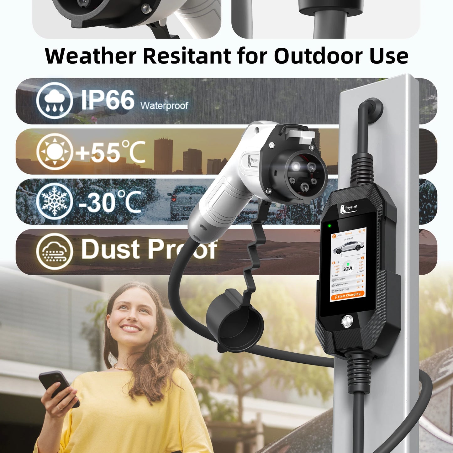 feyree 4.3'' TouchScreen Type1 Charging Plug Portable 7kW EV Charger Dual Temp Portection with Smart APP OTA Upgrade AC Charger