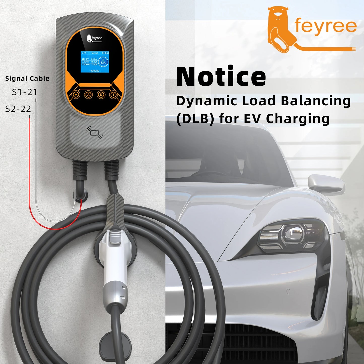 feyree GBT 22kW 32A Three Phase EV Wallbox Smart Dynamic Load Balance RFID Card APP Control EV Charging Station for Outdoor Use