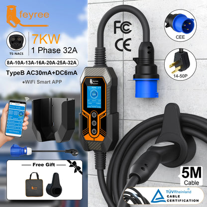 feyree EV Charger TS-NACS Socket 32A 7KW APP Control EVSE Portable Charger Box Holder Adapter Gift for Tesla Car Models 3/Y/S/X
