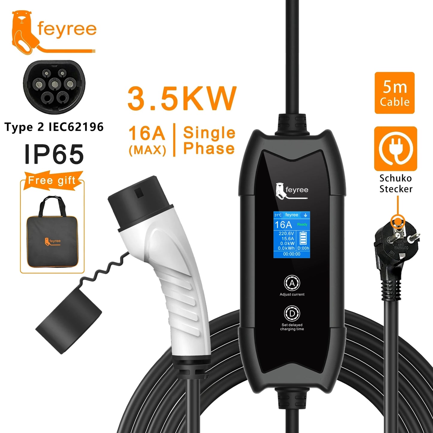 feyree EV Charger Type2 3.5KW 16A Portable Charging Box Set Current and Set Delay Time 5M Cable for Electric Vehicle Car Charger