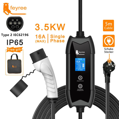 feyree EV Charger Type2 3.5KW 16A Portable Charging Box Set Current and Set Delay Time 5M Cable for Electric Vehicle Car Charger