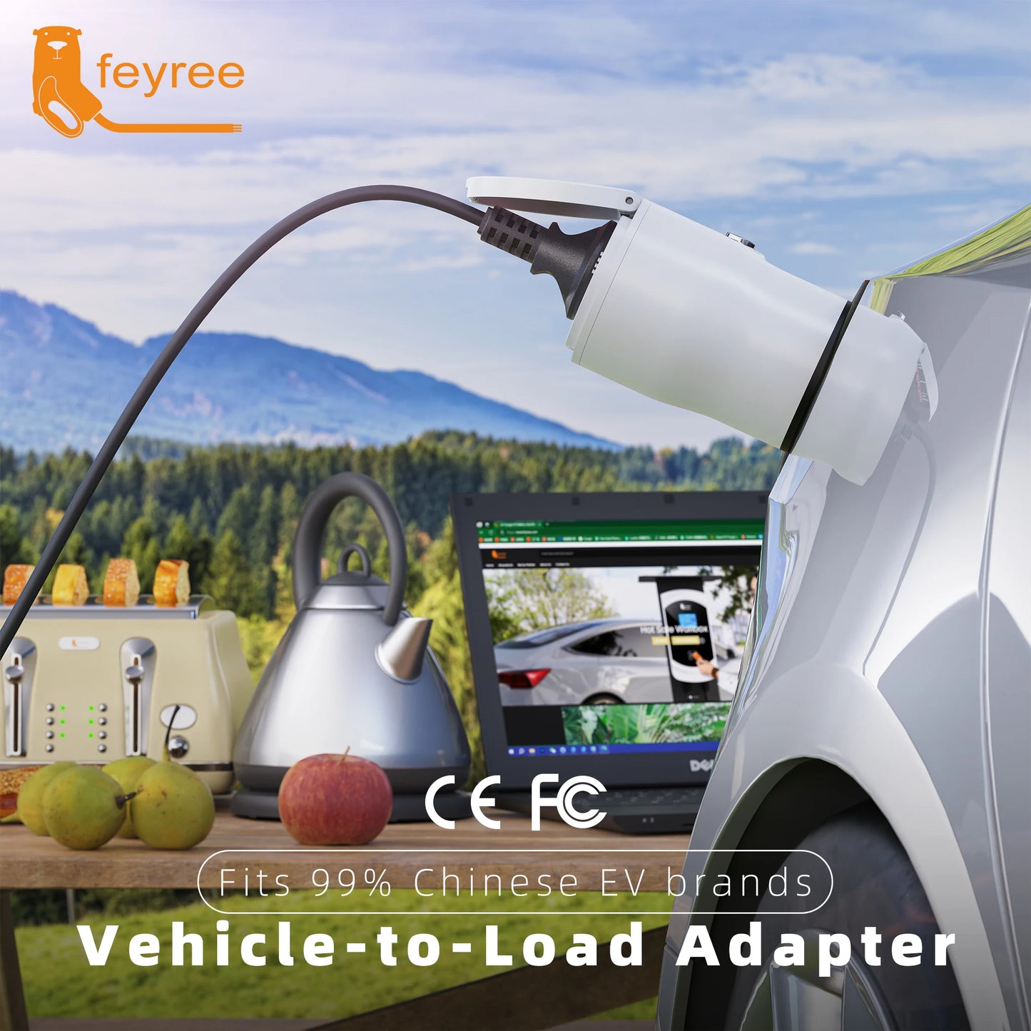 feyree GB/T EV Discharge Adapter with Temp Protection & Power Light - Adjustable Switch for Chinese EV Cars V2L for Camping Use