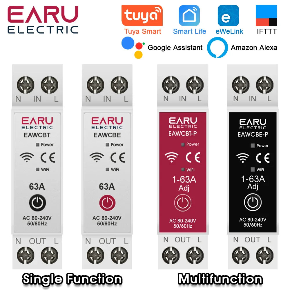 Tuya eWeLink MCB WiFi Smart Circuit Breaker 1P+N 63A Time Relay Switch Energy Meter kWh Voltage Current Protector Remote Control