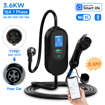 AFYEEV 3600W Portable Type2 IEC62196-2 EV Charger Type1 SAE J1772 Electric Car Charger GBT EVSE Charging Cable WiFi Bluetooth