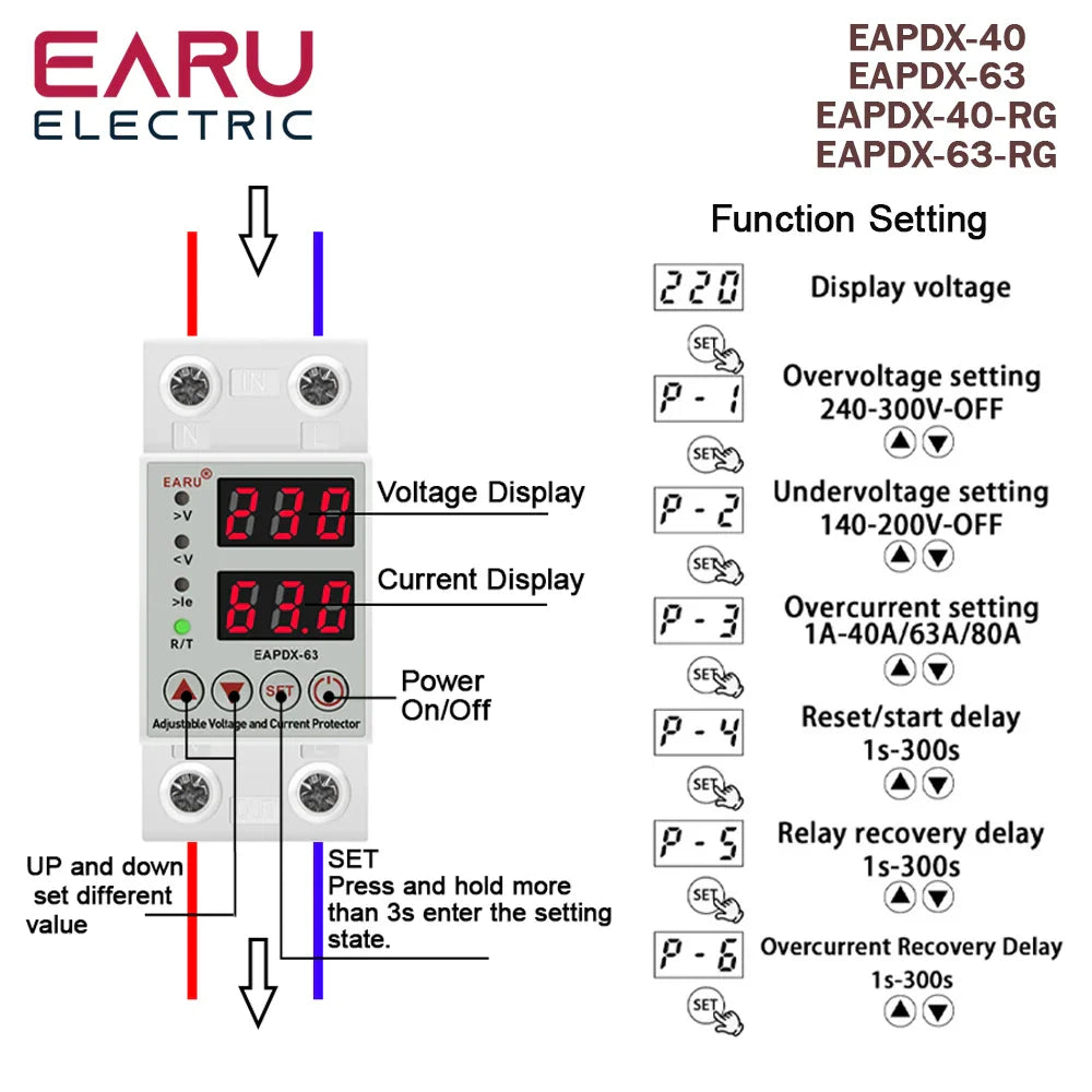 40A 63A 230V Din Rail Adjustable Over Voltage And Under Voltage Protective Device Protector Relay Over Current Protection Limit by 54Grid - Renewable Energy Store