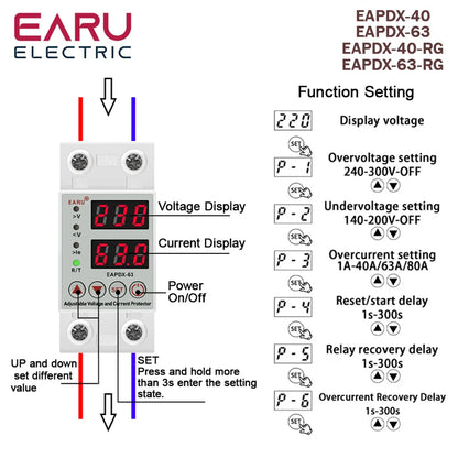 40A 63A 230V Din Rail Adjustable Over Voltage And Under Voltage Protective Device Protector Relay Over Current Protection Limit by 54Grid - Renewable Energy Store