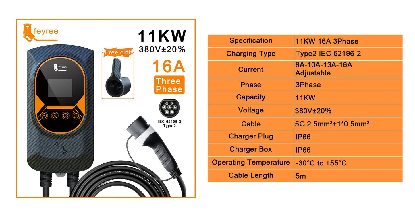 feyree EV Charger Type2 32A 7.6kW EVSE Wallbox 2.8inch Screen Current Adjustable Wallmounted Charging Station for Electric Car