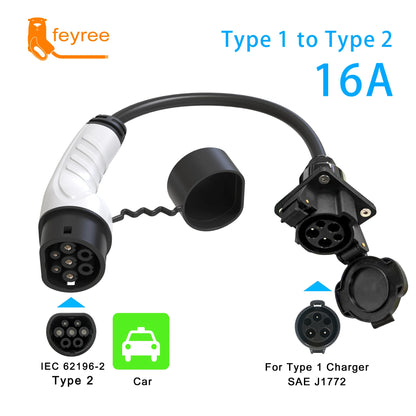 feyree Type1 j1772 female Socket to 16A 32A Type2 IEC62196-2 EVSE Car Side EV Charger Adapter 0.5m Cable for Electric Vehicle