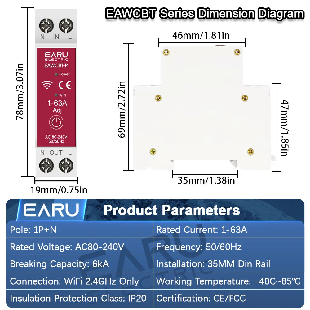 Tuya MCB WiFi Smart Circuit Breaker 1P+N 63A Timer Power Energy kWh Voltage Current Meter Protector Voice Remote Control Switch
