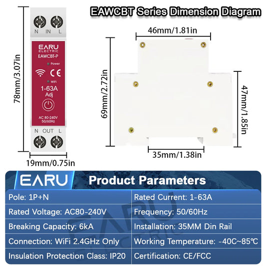 Tuya MCB WiFi Smart Circuit Breaker 1P+N 63A Timer Power Energy kWh Voltage Current Meter Protector Voice Remote Control Switch
