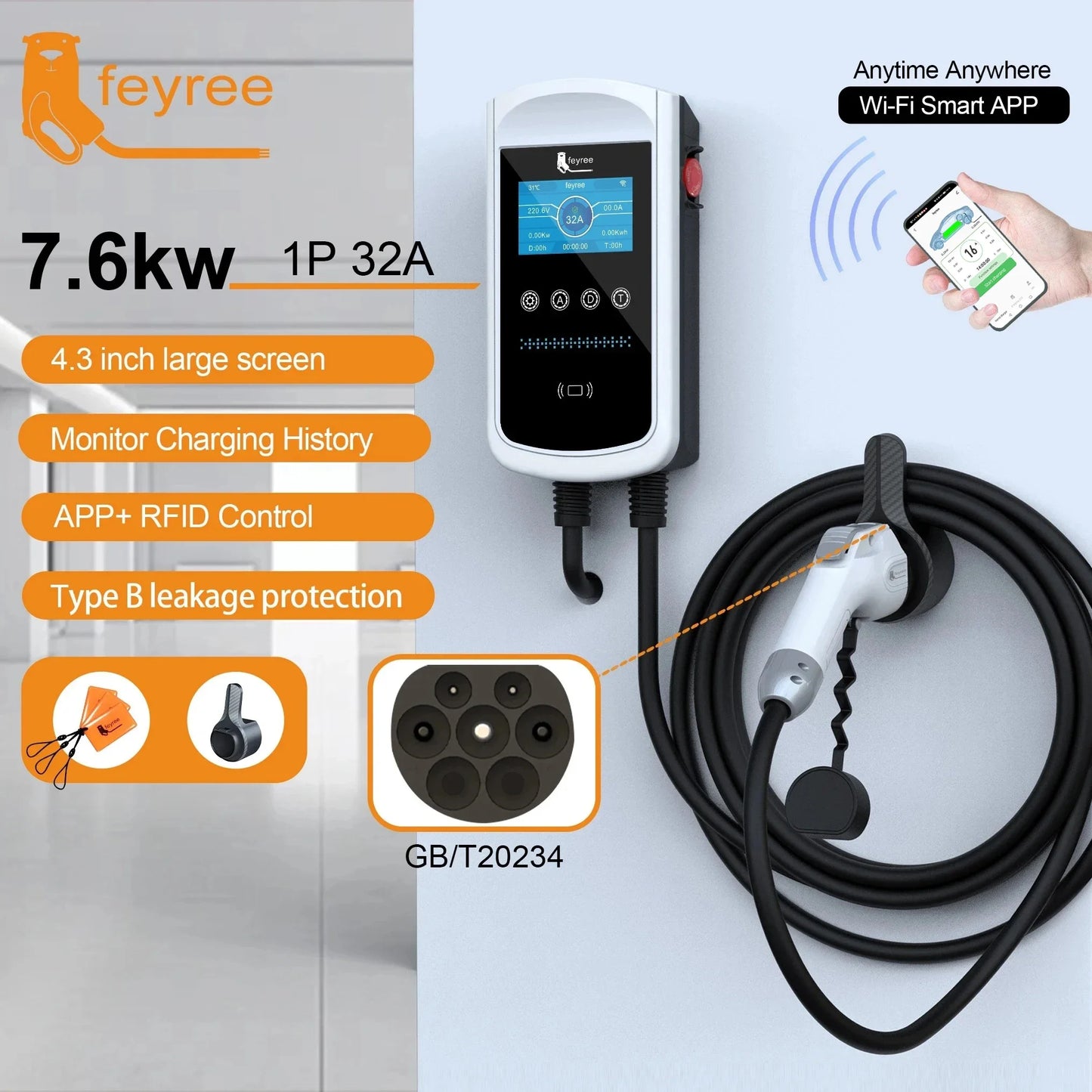 feyree GB/T Socket EV Charger 7.6kw 32A Wallbox 4.3 inch Big Screen APP Charge History Record 11kw 22kw 3 Phase Charging Station