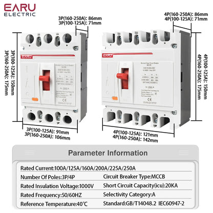 3P 4P AC 400V 100A-250A MCCB Solar Moulded Case Circuit Breaker Overload Protection Switch Protector for Solar PV Photovoltaic