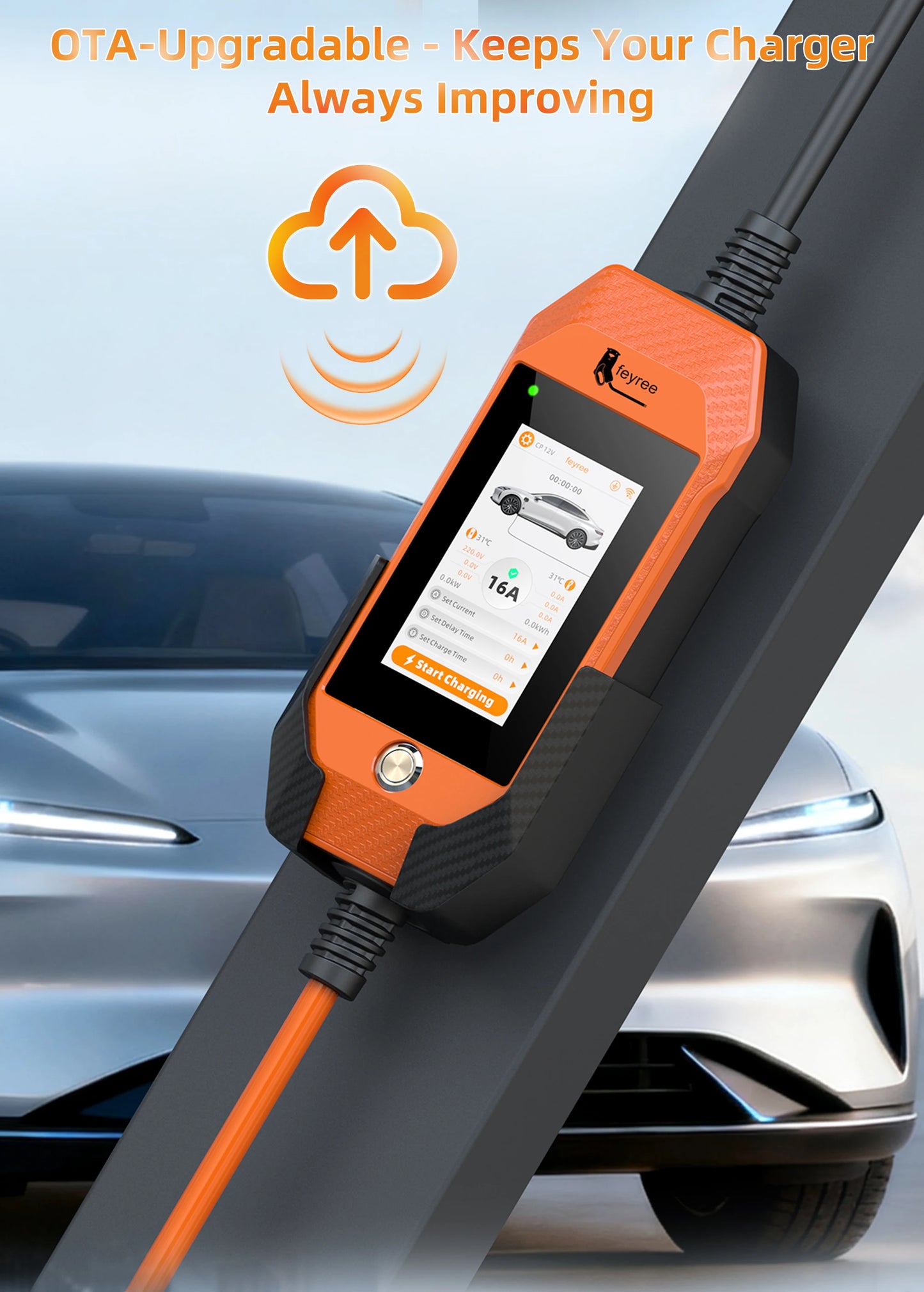 feyree Portable EV Charger For Tesla 3.5kW 16A 1Phase 4.3in Touchscreen With WiFi APP Control with Box Holder For EV Car Charger