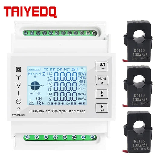 Din Rail 3 Phase Energy Monitor Consumption Power Meter kwh Ammeter With 3PCS RS485 Modbus 50/100/15/200CT 230VAC by 54Grid - Renewable Energy Store