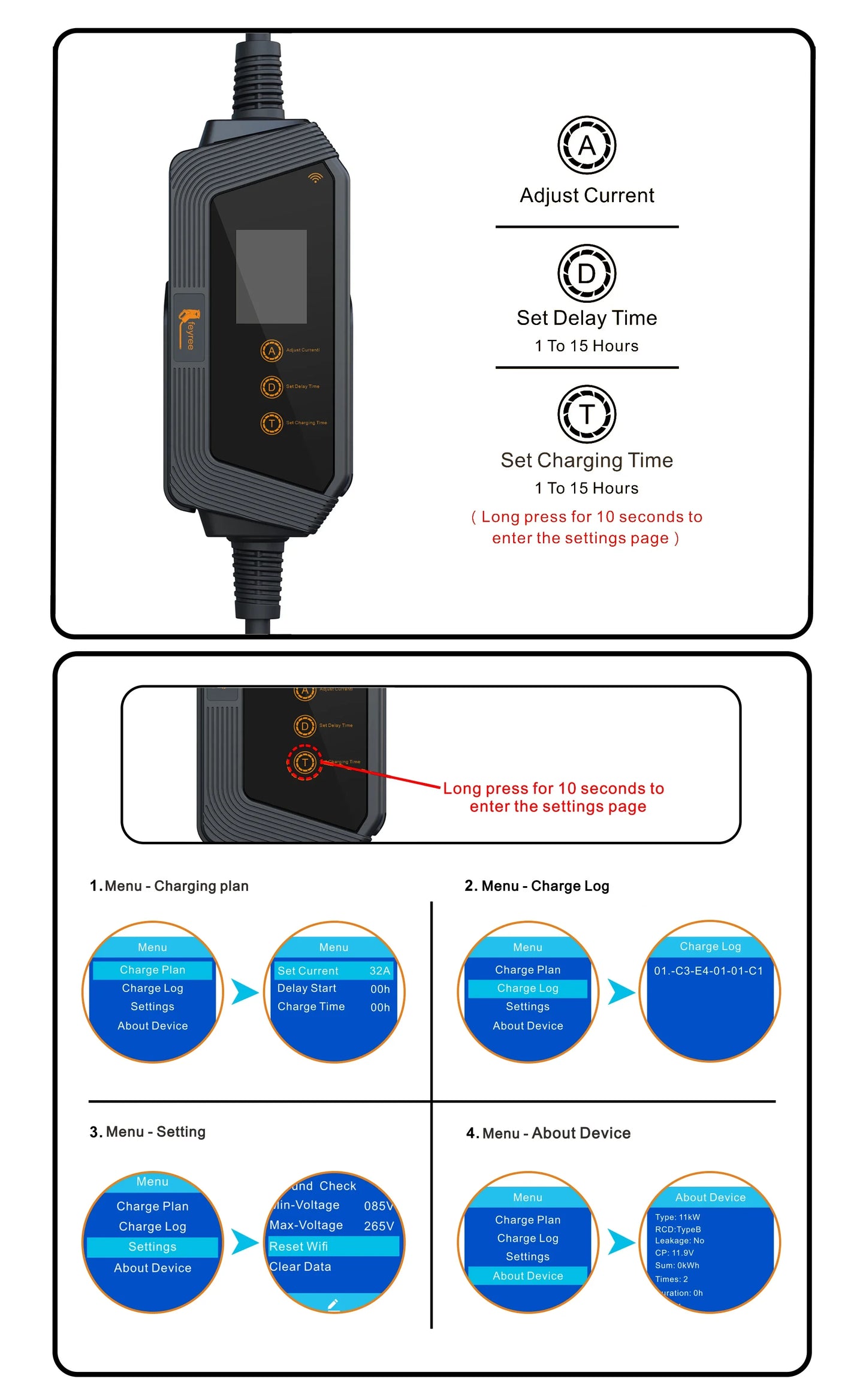 feyree Portable EV Charger Type2 22KW 11KW 3P Fast Charging 32A 7KW 1P Smart APP Wi-Fi Control for Electric Vehicle Car Charger