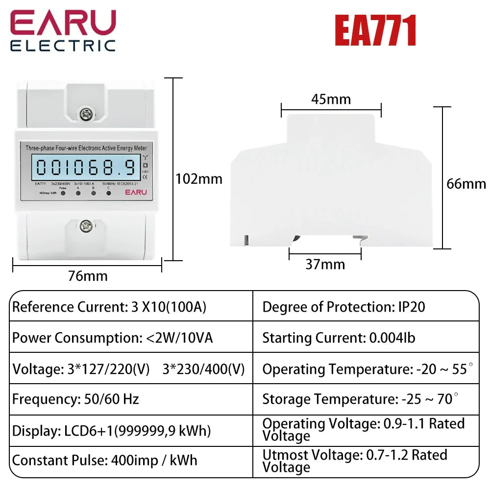 Three Phase Four Wires Eelectronic Active Energy Meter kWh Power Consumption Monitor DIN Rail 50/60Hz 3*5(100)A 50/60Hz  LCD LED