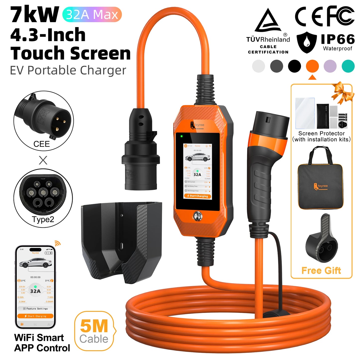 feyree 4.3 Inch Touch Screen Portable 7kW EV Charger Type2 Charging Plug with Smart Wifi APP AC Home Charger Professional Design