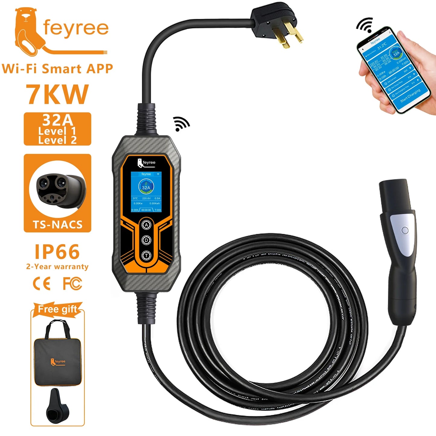 feyree EV Charger Wallbox TS-NACS Socket 32A 7KW 1Phase APP Control EVSE Portable Charging Box for Tesla Cars Models 3/Y/S/X by 54Grid - Renewable Energy Store