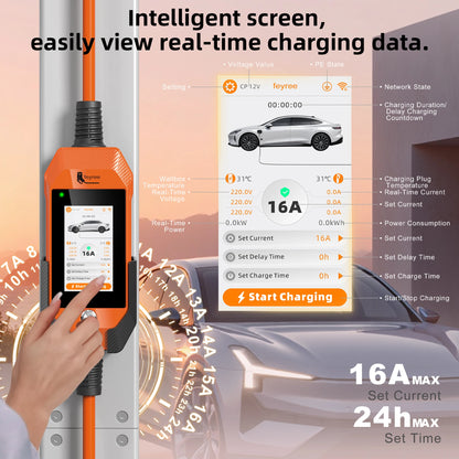 feyree 11kW 16A 3P Portable EV Charger GB/T Plug 4.3" Touchscreen & Charge History WIFI APP Ctrl Smart EVSE for Electric Vehicle