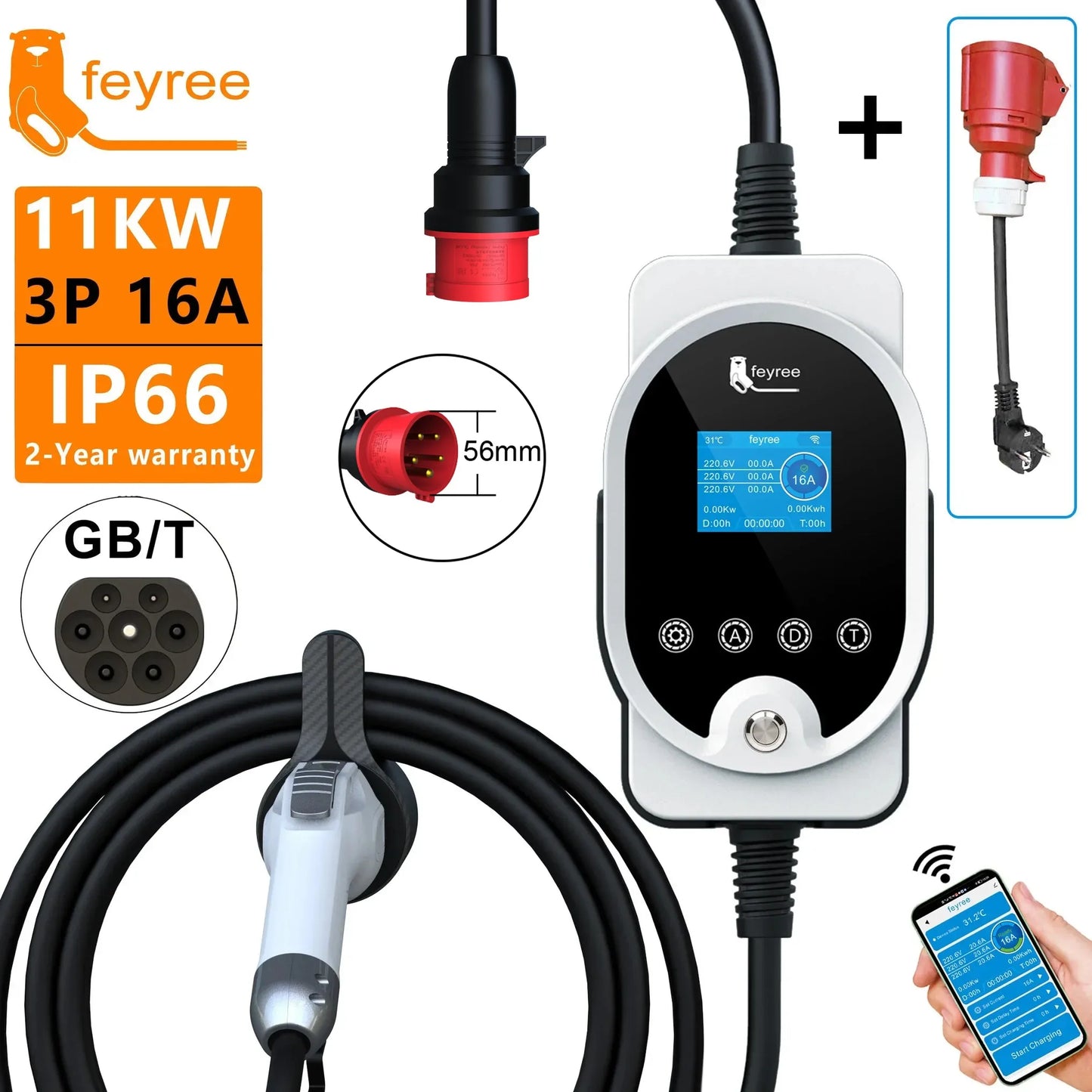 feyree GB/T Socket 11KW 16A 3Phase EV Charger EVSE Wallbox Smart APP Control EV Charging Station CEE Plug for Electric Vehicle by 54Grid - Renewable Energy Store