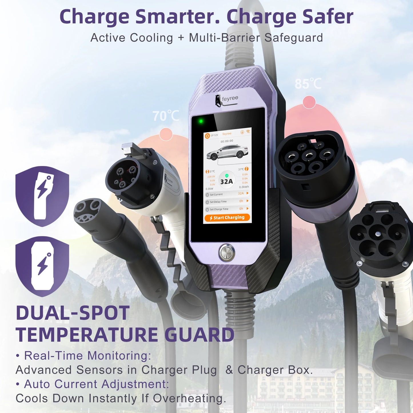 feyree Type2 /Type1 /GBT /TS-NACS 4.3inch Touch Screen EV Charger 32A 7kW 1P Portable Charger Smart APP WiFi Control for EV Cars