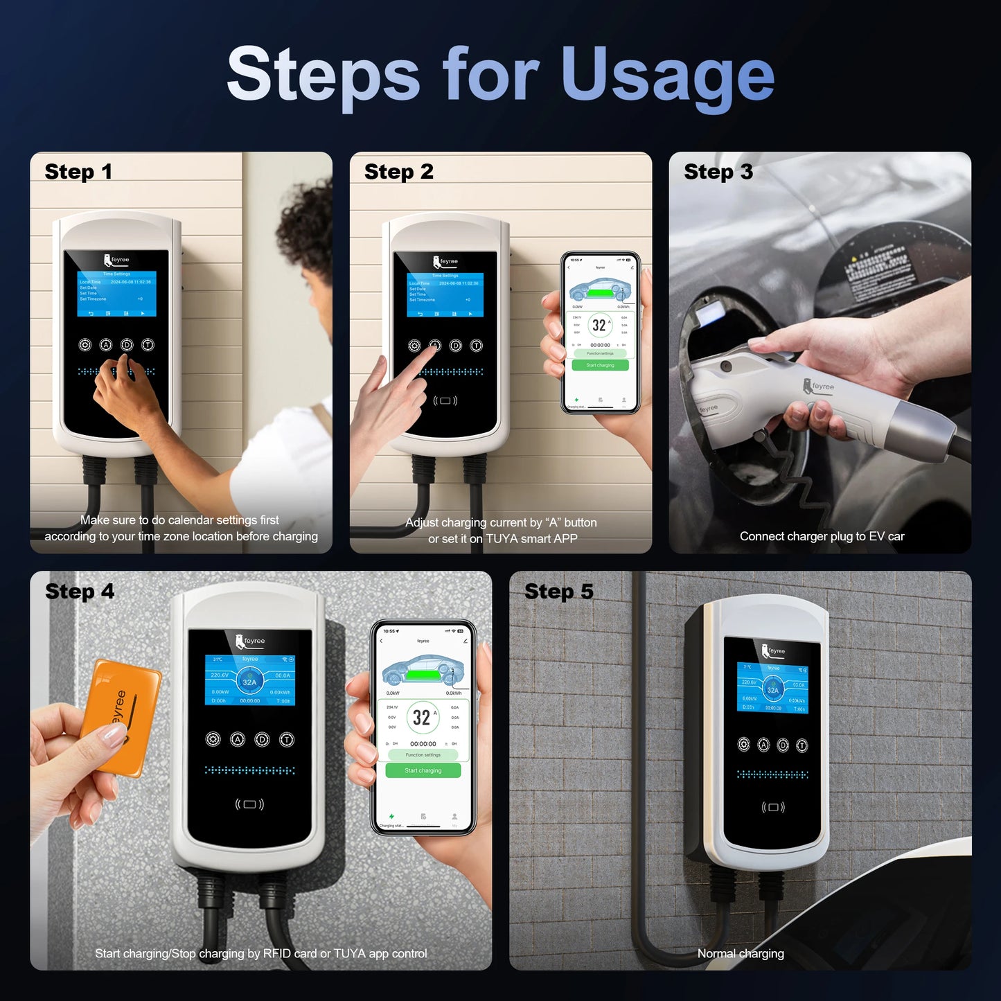 feyree GB/T EV Charger 7.6kw 32A Dynamic Load Balancing Wallbox 4.3inch LCD Wifi APP Charging Log 11KW 22KW 3P Charging Station