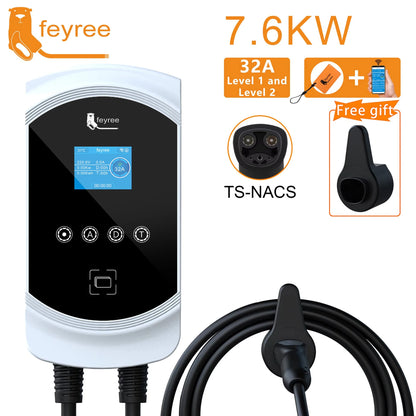 feyree EV Charging Station 32A 7.6KW Electric Vehicle Car Charger EVSE Wallbox 9.6KW 12KW 5m Cable TS-NACS Socket APP Control