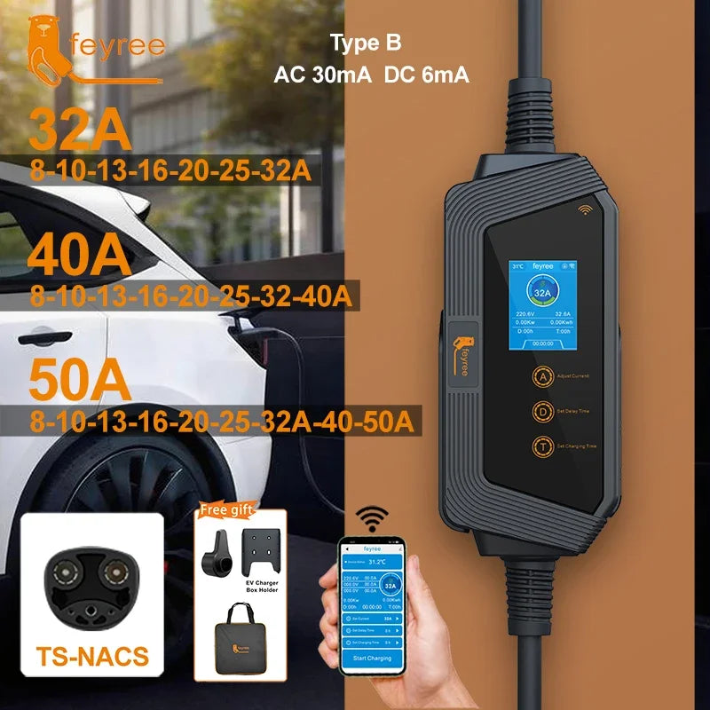 feyree Portable EV Charger TS-NACS Connector 32A up to 50A 12KW High Power EV Wallbox with Smart APP WIFI for All Tesla Models by 54Grid - Renewable Energy Store
