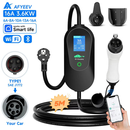 AFYEEV 3600W Portable Type 2 IEC62196-2 EV Charger Type1 SAE J1772 Electric Car Charger EU Plug WiFi Bluetooth APP Control