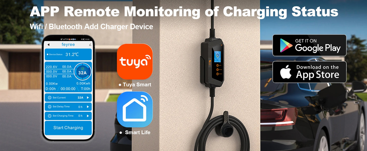 feyree 7KW 32A Adjustable EV Charger GBT Socket APP Bluetooth Version Set Charging Time EVSE Charging Box for Electric Vehicle