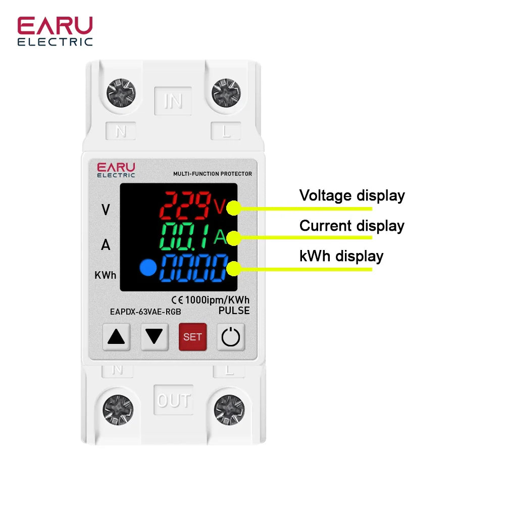 Din Rail Dual Display Adjustable Over Voltage Current and Under Voltage Protective Device Protector Relay 63A 220V 230V KWH by 54Grid - Renewable Energy Store