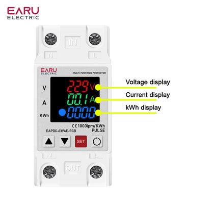 Din Rail Dual Display Adjustable Over Voltage Current and Under Voltage Protective Device Protector Relay 63A 220V 230V KWH by 54Grid - Renewable Energy Store