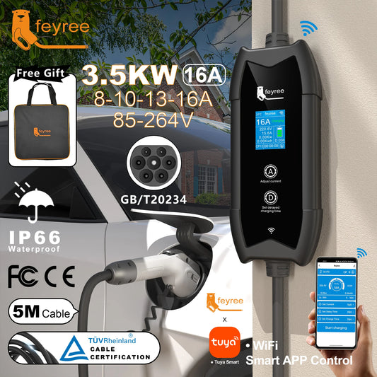 feyree GB/T Portable EV Charger 5m Cable with WIFI APP Control 16A 3.5KW Set Charging&DelayTime for EV Cars,Plug customizable