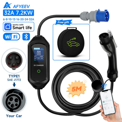 AFYEEV 32A 7.2KW Type2 Type1EV Charger Portable GB/T Electric Vehicle Charger EVSE Charging Cable WiFi Bluetooth APP Control