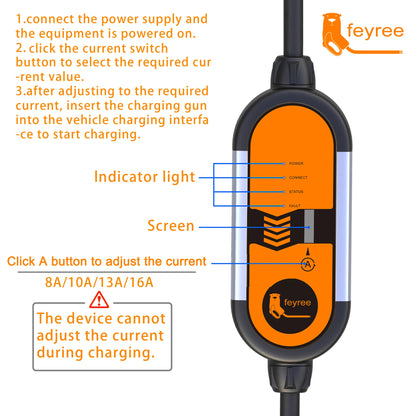 feyree Type2 16A 3.5KW Portable EV Charger EVSE Charging Cable 5m with Schuko Plug Current Adjustable for Electric Car Charger
